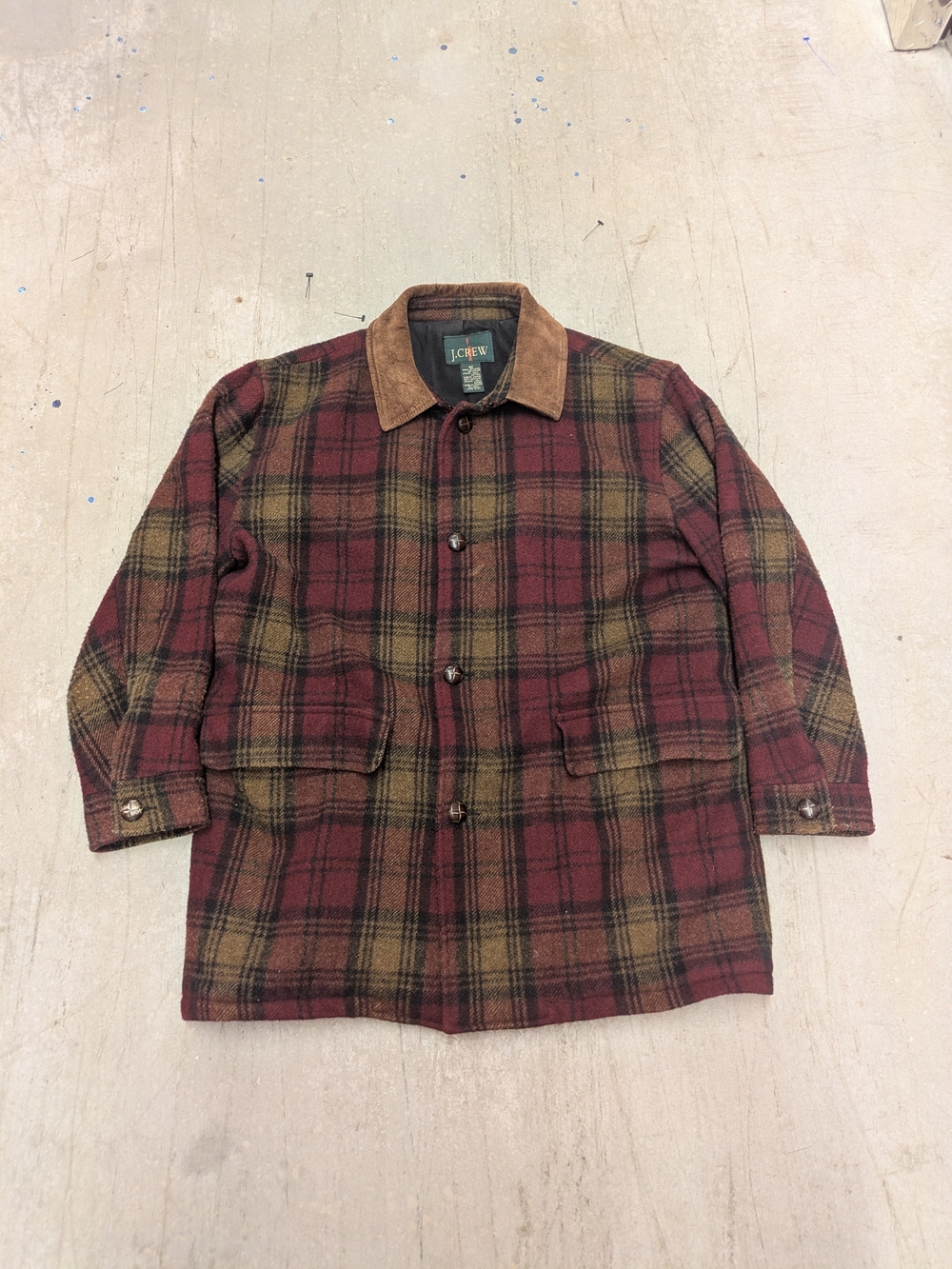 Vintage 90s J. Crew Barn Coat leather Collar Chore Quilted Plaid